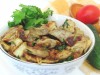 Жареные баклажаны с яйцами, луком и чесноком